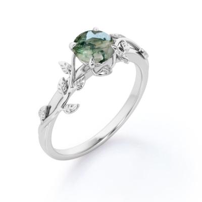 China Nature Inspired Natural Green Moss Agate Solitaire Engagement Ring Forest Ring for sale