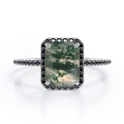 China Halo-ähnlicher Emerald Cut Moss Green-Achat mit Labor schuf schwarze Diamond Engagement Ring With Pave-Akzente zu verkaufen