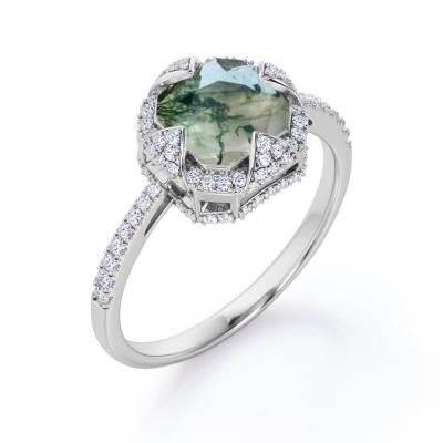 China Asscher Cut Opaque Milky Moss Green Agate and Moissanite - Pave Engagement Ring zu verkaufen