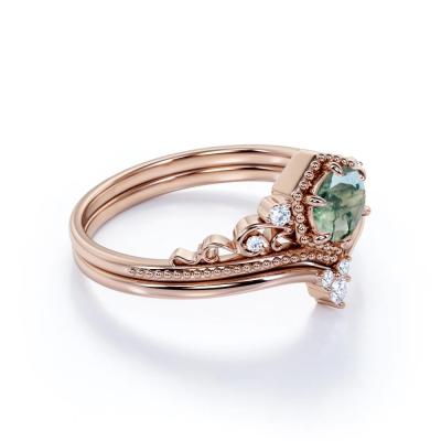 China Filigraanchevrontiara 0,6 karaat Ronde Besnoeiing Moss Green Agate en Diamond Wedding Ring Set in Rose Gold Te koop