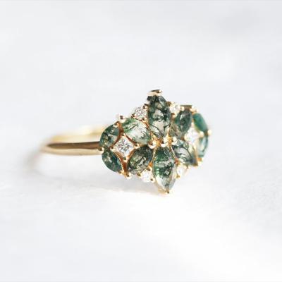 China Natuurlijke Moss Agate Flower Shape Marquise-Bloesem Diamond Wedding Cluster Ring Te koop