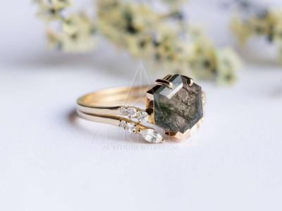 China Large Hexagon Moss Agate Statement  Wedding Cluster Ring Set en venta