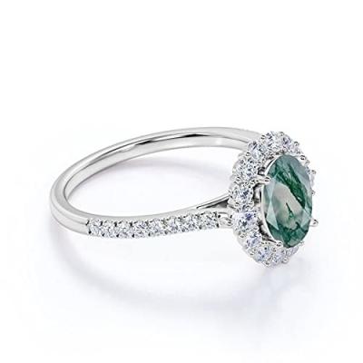 China Oval Moss Agate Moissanite Diamonds Floral Halo Engagement Ring Green Gemstone en venta