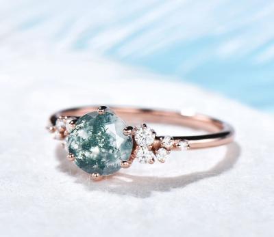 China Vintage Green Gemstone Snowdrift Cluster Wedding Ring Natural Moss Agate zu verkaufen