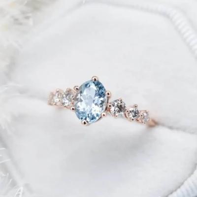 Cina Delicate Fantastic S925 Sterling Silver Rose Gold Round Cz Oval Blue Aquamarine Engagement Ring Cluster Dainty Rings in vendita