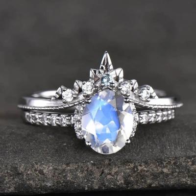 Китай White Gold Oval Moonstone Art Deco Unique Engagement Ring Set 925 Sterling Silver продается