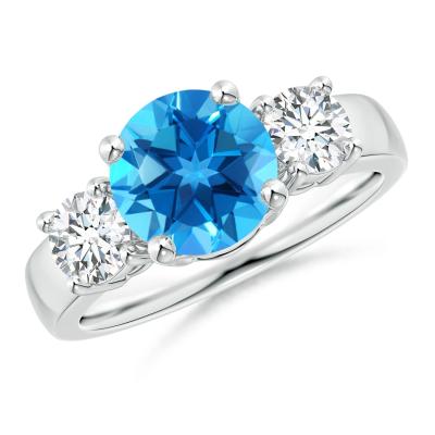 China Klassieke Zwitserse Blauwe Topaz And Diamond Three Stone-Verlovingsring 925 Sterling Silver Te koop