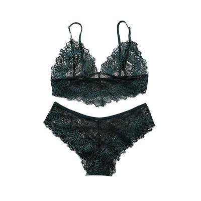 China Suits Breathable In-Stock Embroidery Hollow Out See Through Green Nylon Women's Sexy Underwear With French Lace Bralette for sale