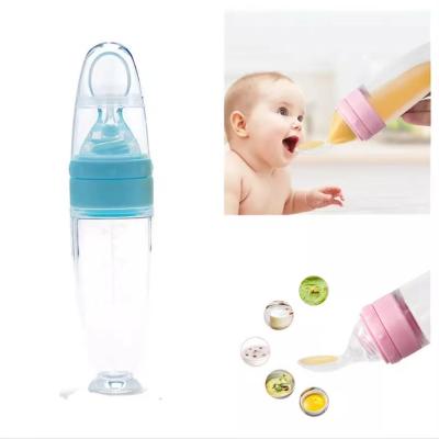 China BPA Free Silicone 90ml Squeeze Fruit and Rice Paste Newborn Baby Feeder Bottle With Spoon for sale