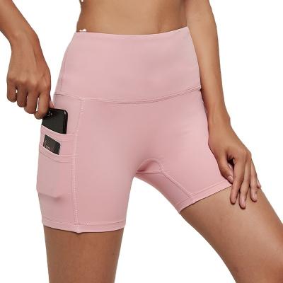 China Breathable Women's High Waist Stretch Shorts Yoga Workout Gym Running Shorts With Phone Pockets for sale