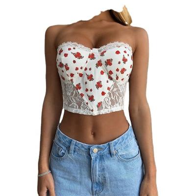 China Women's Breathable Crop Tops Factory Wholesale Price Stock Insti Hot Style New Sexy Vest Lace See Through Floral Print Tube Blouse Vest for sale