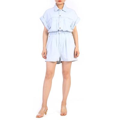 China OEM ODM Breathable Jeans Overalls Ladies Short Breathable Cotton Pleats Casual Loose Vacation Beach Customized Overall Playsuit Shirt for sale