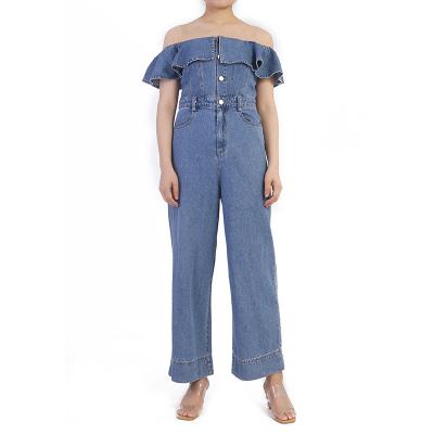 China Breathable Ladies Denim Overalls OEM ODM Cotton One Shoulder Ruffles Straight Loose Playsuit Customized Breathable Stylish for sale