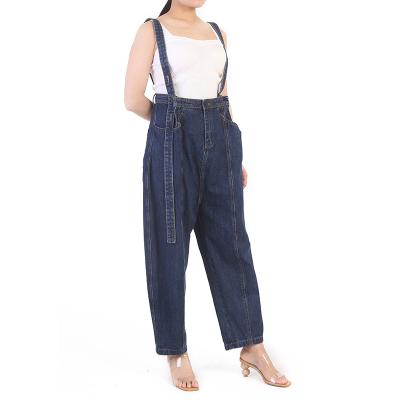 China Dark Blue Breathable Overall Women Jeans Overalls Straight Leg Pleats Girls Loose Ladies Casual Custom Pants for sale