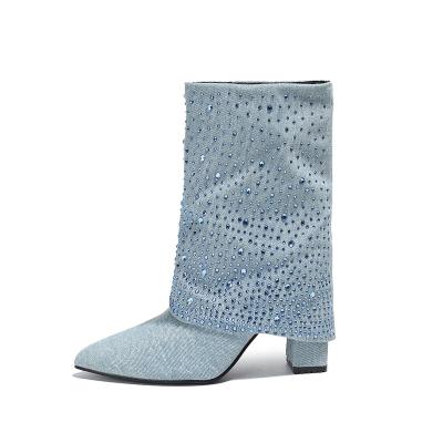 China Fashion Trend Denim block heel fashion boots full of diamonds for sale