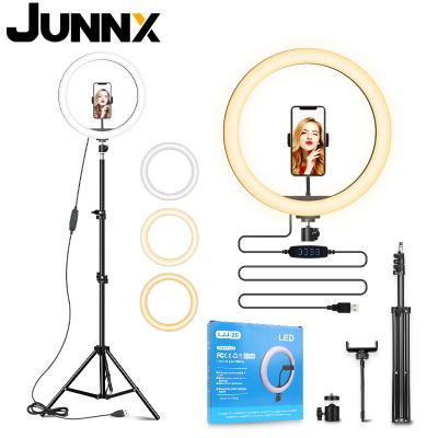 China JUNNX Professional Soft Mini Video Studio Ring Lamp Tripod Kit 14inches 14inch LED Photo Selfie Ring Light with 3 Phone Holders for sale