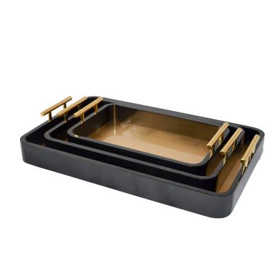 China Europe Style Type Set Of 3 Nesting Extra Large Rustic Black Wooden Rectangular Serving Set s Tray With Handle for sale