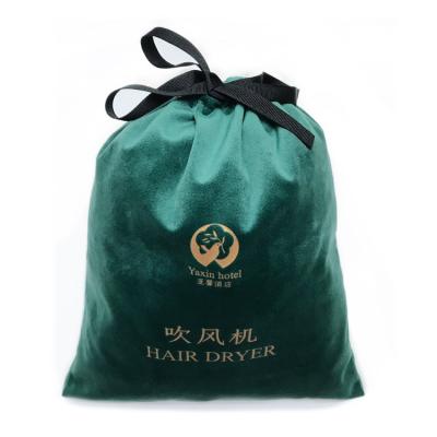 China Cute Green Large Velvet Farbric Fabric Pouch Gift Tote Storage Drawstring Bow Promotional Bag With Logo Printing Custom Made for sale