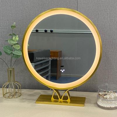 China Oxidated Contemporary Aluminum Frame Rounded Shape with LED Strip Lights Adjustable Hand Brushed Sensor Table Vanity Lighted Mirror for sale