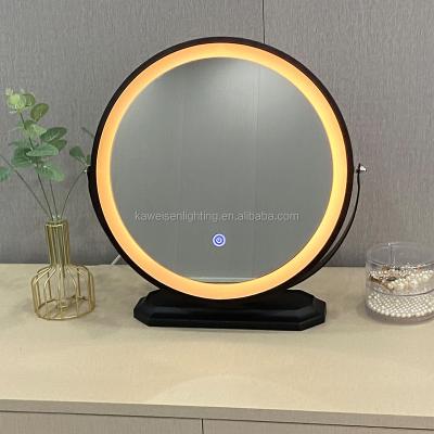 China Contemporary 3-Color Lighting Beauty Round Touch Sensor Cosmetic Black Framed Lighted Led Makeup Mirror Standing Table Make Up Mirror for sale