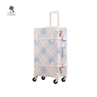 China Vintage Luggage Trolley Bag Vintage Inspired Travel Leather Blue Old Spinner Suitcase Style Makeup Luggage Rolling Bags For Ebay for sale