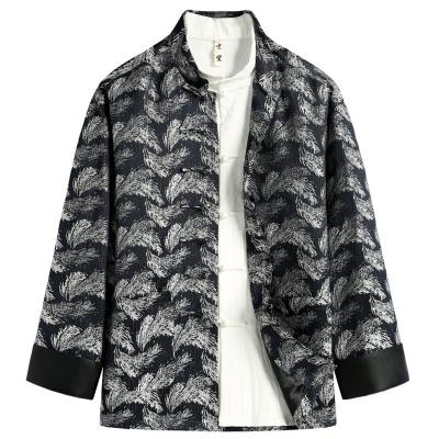 China New Tang Spring Ancient Chinese Traditional Chinese Traditional Suit Men's Feather Jacquard Jacket New Style Modified Vertical Guochao Tops Collar Men for sale