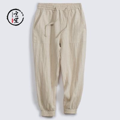 China New Arrival Breathable Classic Khaki Color Pocket Pants Men's Linen Cloth Fabric Men's Side Breeches Pants for sale