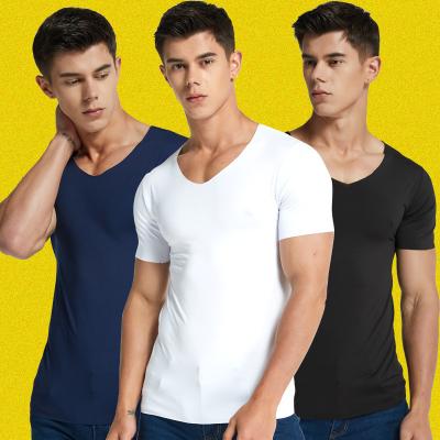 China Summer V-neck Ice Fitness Men's Casual Elastic Silk Thin Breathable Multicolor Short Sleeve T-shirt Men's Slim T-shirt for sale