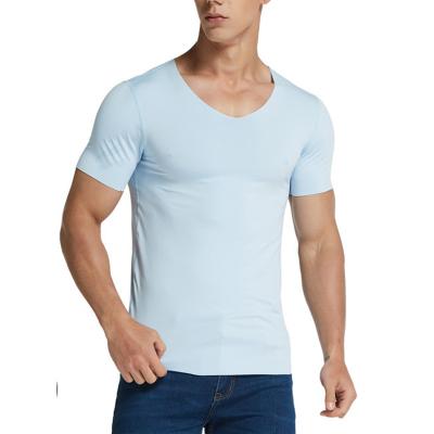 China Breathable Casual Short Sleeve Slim Ice Silk Shirt Elastic Slim Dip-in Custom V-neck Printing Cotton Blank Simple Men's T-shirts for sale