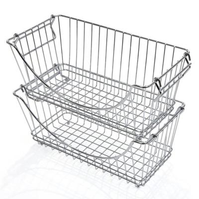 China Sustainable Metal Wire Medium Stacking Storage Baskets, Chrome, Set of 2 for sale