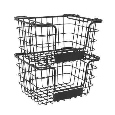 China Wire Market Sustainable Home Stacking Baskets With Chalk Label Metal Storage Bin For Kitchen Counter for sale