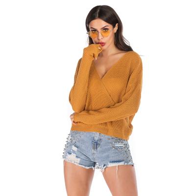 China New Autumn Style Anti-wrinkle V-neck Solid Color Long Cross Top Sleeve Knitted Sweater Women 4XL Plus Size for sale