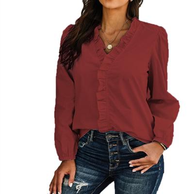 China Breathable Chic Wholesale Shirts Women Solid Color Full Sleeves Tops Ruffles V Neck Blouses for sale