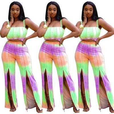 China Plus Size Womens Clothing Sustainable Gradient Printed Women Crop Tops Split Pants Set Two Piece Outfits for sale