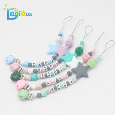 China BPA Free Custom Letter 5 Colors Silicone+Metal Adult Baby Pacifier Holder Clip for sale