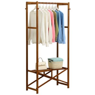 China Multifunctional Foldable Wooden Clothing Rack Rails Balcony Hanger Rack Rack For Store With Shelf Bamboo Drying Rack for sale