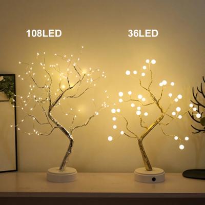 China Modern Silver Bonsai Tree Light 36/108 LED Branches Battery/USB Powered Copper Wire Fairy Lights Artificial Tree Lamp for sale