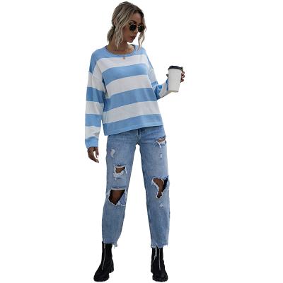 China 2021 new Anti-wrinkle blue stripes inside the neck loose long round sleeve knitted sweater women for sale