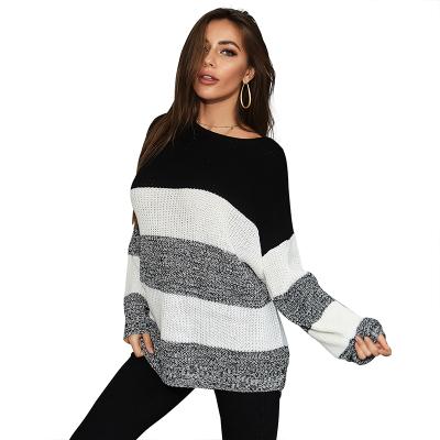 China Anti-wrinkle fashion large size striped color-blocking knit mid length sweater women for sale