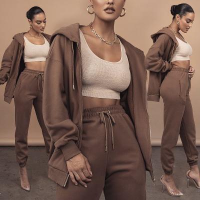 China wholesale custom Anti-wrinkle zipper pocket hoodie set unisex cotton plain two piece zipper full up hoodies and sweatpants sets women for sale