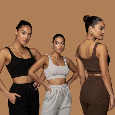 China 2022 Anti-Wrinkle Logo 2 Piece Set High Quality Custom Joggers Crop Tops Pants Waffle Set Two Piece Women Workout for sale