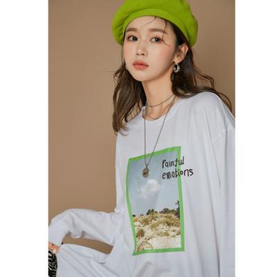 China QUICK DRY Cotton Full Sleeve Crew Neck Print Pattern White Women's T-shirts Cheap Casual Loose Shirt Long Sleeve Knitted for sale