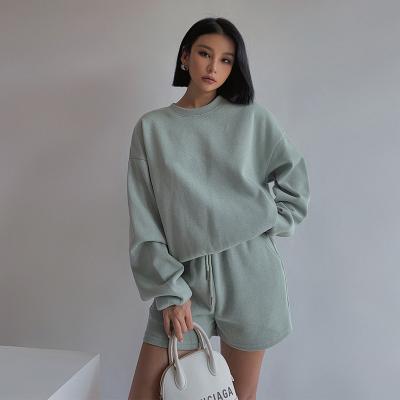 China Anti-wrinkle 2022 summer custom high quality hoodie cotton shorts women two piece clothes 2 piece casual women sweater for sale