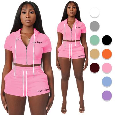 China Logo Hoodie Short Set Custom Two-Piece Sweatshirt Women's ShortsWomen QUICK DRY and Zipper Hooded Crop Hoodie Top Sweatshirt for sale