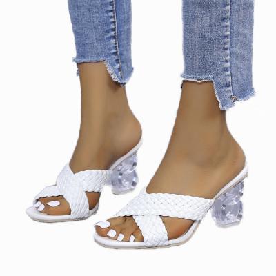 China New Lit Women's Sandals Cross Woven With Square Head Casual Women's High Heels Slippers for sale