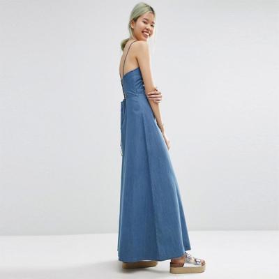 China Maxi Kleid mit Bindung zurück in gewaschenem Baumwollbindungs-Befestigungs-Denim-einteiligem Kleid LC3029-G zu verkaufen