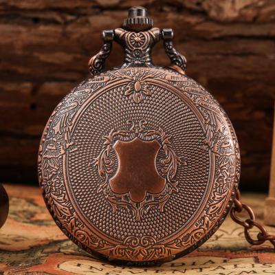 China Solid Rose Gold Shield Engravable Pocket Watch Royal Keychain Clock Pendant Retro Antique European Style for sale