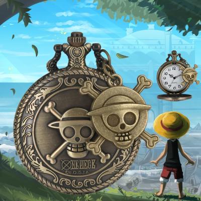 China Unique Anime Watch Gifts Best Drop Shipping Steampunk Clock Japan Cartoon Anime Luffy Skull Pirate Quartz Bronze Pendant Pocket Watch for sale