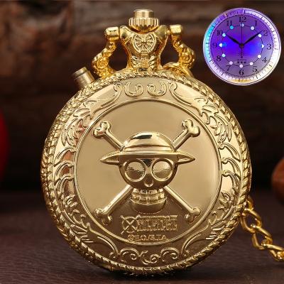 China Flash Skull Pirate LED Clock Steampunk Anime Cartoon Japan Cosplay Key Chain One Piece Luminous Pocket Watch Pendant Luffy Ancient FOB for sale