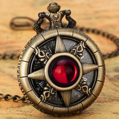 China Roman Numerals Display Red Jade Stone Antique Bronze Chain Clock Pendant Steampunk Pocket Watches Gift For Women Men for sale